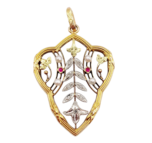 18 ct gold Art Nouveau pendant, pearls, diamonds and rubies 