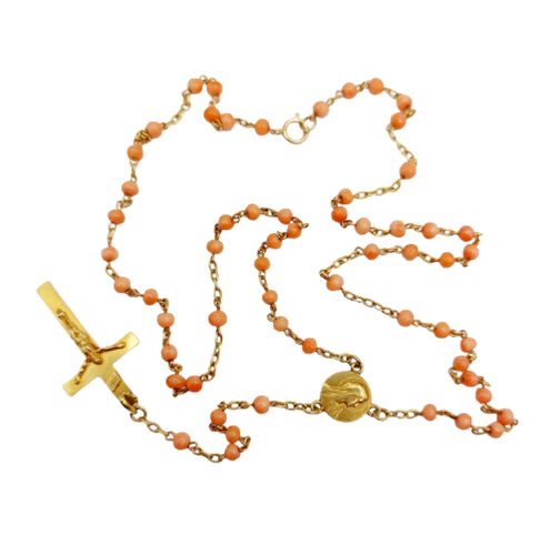 Antique rosary - 18k gold necklace, coral, medal and cross 