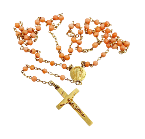 Antique rosary - 18k gold necklace, coral, medal and cross 