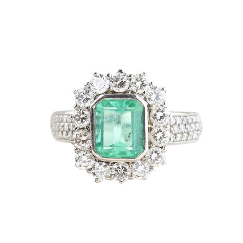 18K white and yellow gold cluster ring, Colombian emerald and diamonds 