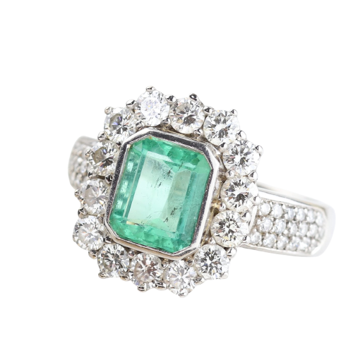 18K white and yellow gold cluster ring, Colombian emerald and diamonds 