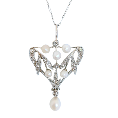 Art Nouveau - 18K gold necklace, seed pearls and diamonds 