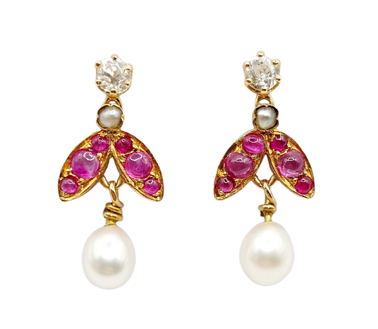 Vintage 18K gold earrings, diamonds, rubies and pearls 