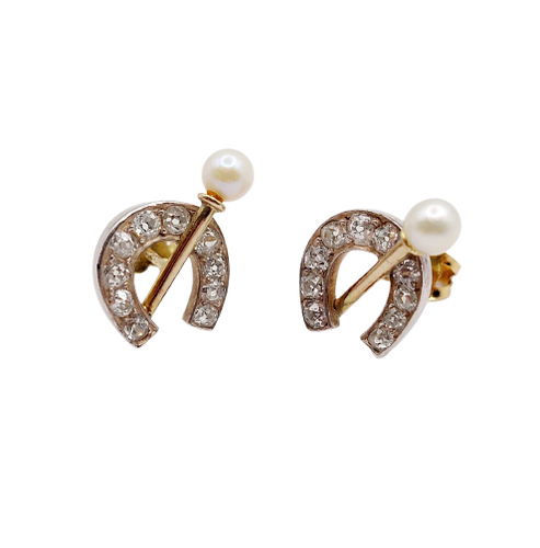 18k gold horseshoe earrings, silver, diamonds and pearls 