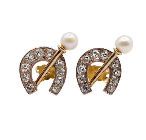 18k gold horseshoe earrings, silver, diamonds and pearls 