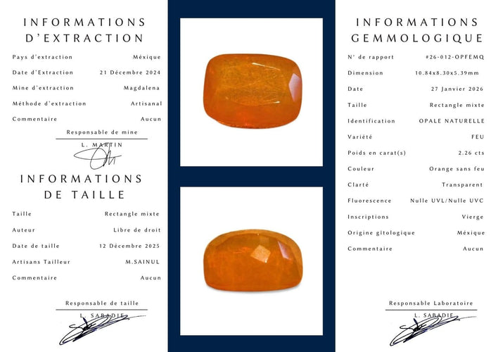 Opale de feu du Mexique - Pierre 2,26 ct taille rectangle mixte 58 Facettes #26-012-OPFEMQ
