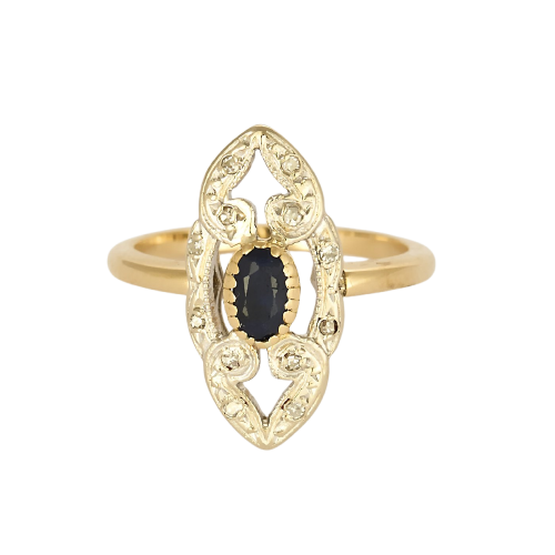 Vintage marquise ring in yellow gold, white gold, diamonds and sapphire 