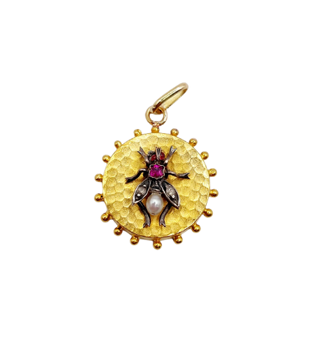 Antique 18k gold bee pendant, silver, ruby, pearl and diamonds 