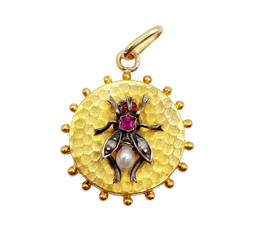 Antique 18k gold bee pendant, silver, ruby, pearl and diamonds 