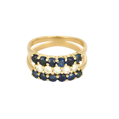 Yellow gold ring Half-eternity ring with sapphires and diamonds 