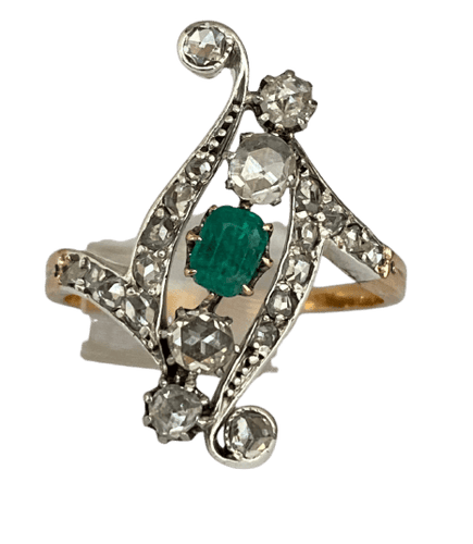 Bague 60 Édouardienne - Bague en or jaune 18 ct et argent, émeraude et diamants 58 Facettes ring