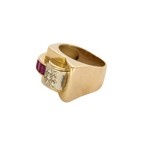 Bague 51 Tank - Bague en or jaune, or gris, diamants et rubis de synthèse 58 Facettes B260287