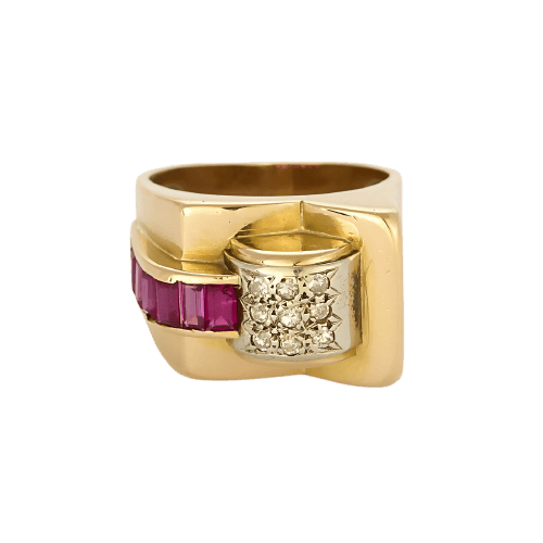 Bague 51 Tank - Bague en or jaune, or gris, diamants et rubis de synthèse 58 Facettes B260287