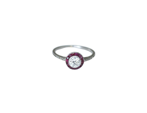 Prsten meta Art Deco od belog zlata, Platinum, dijamanti i rubini 