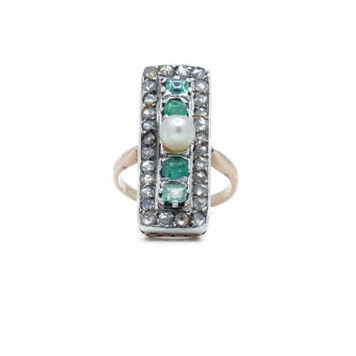 Bague 52.5 Bague rectangulaire perle, émeraudes et diamants en or rose et argent 58 Facettes REF2207