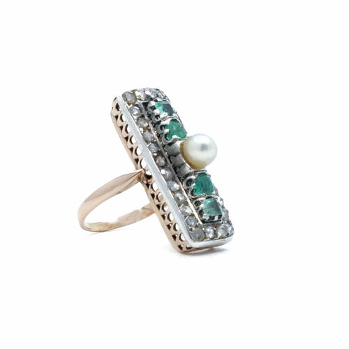 Bague 52.5 Bague rectangulaire perle, émeraudes et diamants en or rose et argent 58 Facettes REF2207