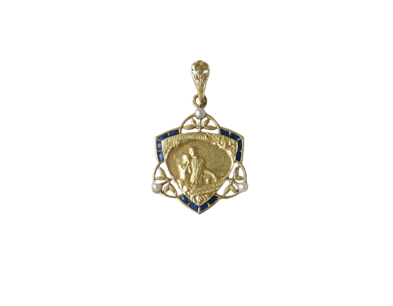 Pendentif Émile Monier - Médaille Art nouveau en or jaune, émail et perles 58 Facettes