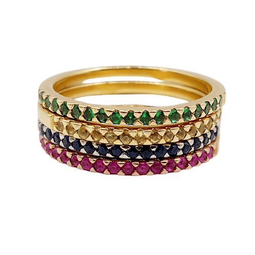 Bague 49.5 Lot de 4 demi-alliances en or 18k, saphirs, rubis et grenats tsavorites 58 Facettes A07415X