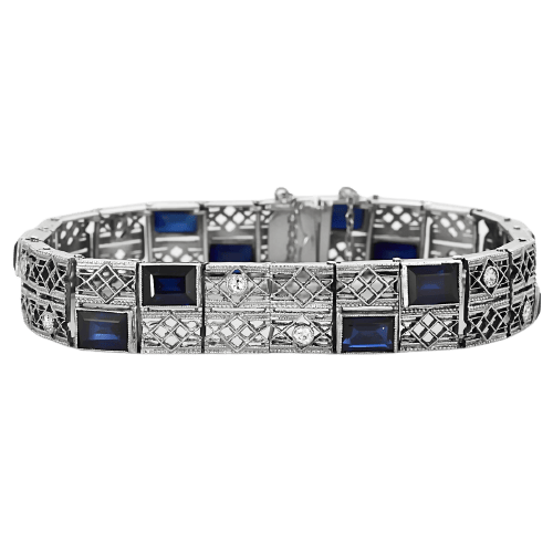 Bracciale snodato in oro bianco, diamanti e zaffiri sintetici 
