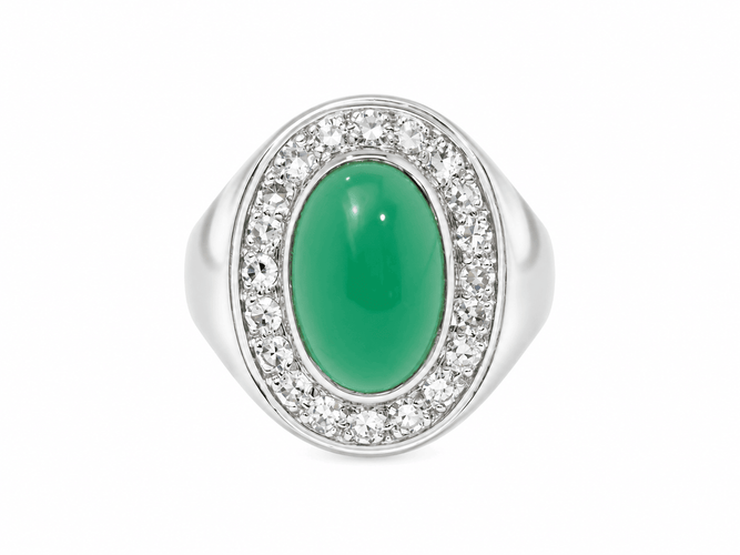 Bague 55 Bague chevalière ancienne en or blanc, agate verte et diamants 58 Facettes 33794