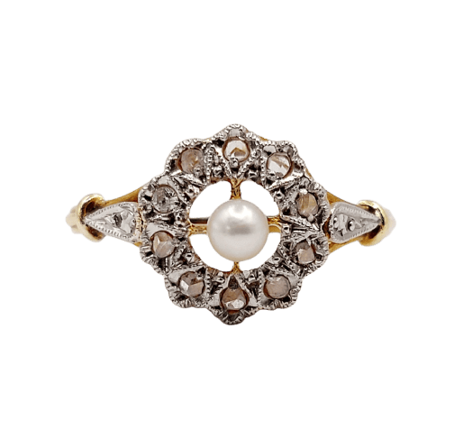 Bague 51 Bague marguerite antique en or 18k, platine, perle et diamants 58 Facettes A07460