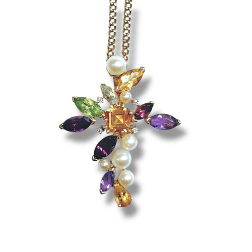 Pendentif Christian Lacroix - Pendentif croix multigemmes en or jaune 18K et diamants 58 Facettes REF2532-299
