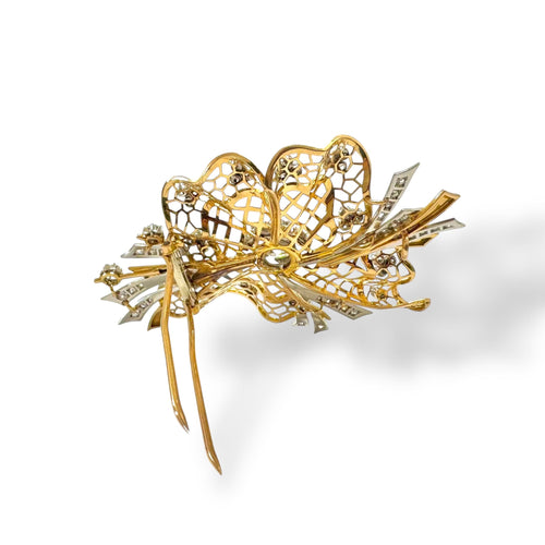 Broche Broche nœud dentelle en or jaune-rosé et platine, diamants 58 Facettes REF2539CF-306
