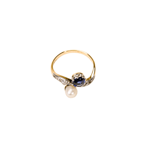 Bague 52 Bague Toi & Moi ancienne en platine, or jaune, perle et saphir 58 Facettes LMB-366