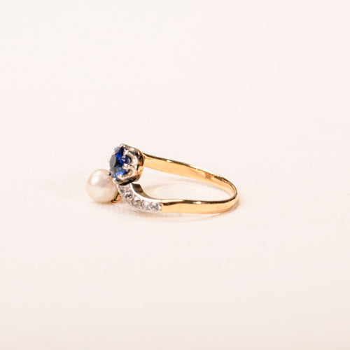 Bague 52 Bague Toi & Moi ancienne en platine, or jaune, perle et saphir 58 Facettes LMB-366