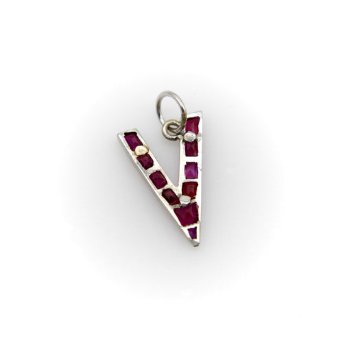 Retro Pendant - V for Victory Pendant in platinum and ruby 58 Facettes 11147