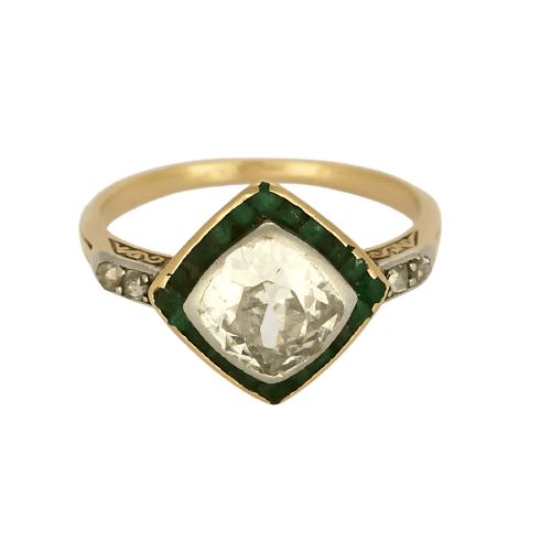 Ring Art Deco i gult guld, Platin, diamant og smaragder 