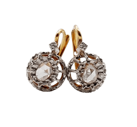 Boucles d'oreilles Dormeuses fleurs de lys en or 18k, platine et diamants taille rose 58 Facettes A07517