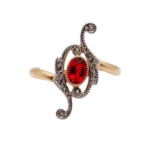 Bague 54 Bague marquise antique en or rose 18k, pierre rouge et diamants 58 Facettes A07524