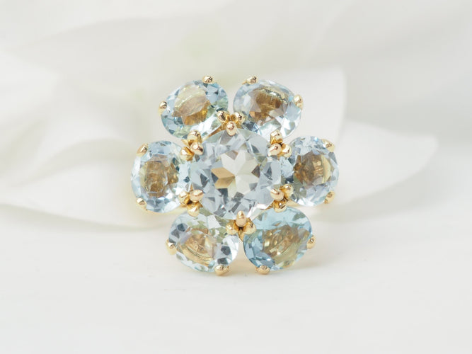 Bague 52 Bague fleur en or jaune et aigues-marines 58 Facettes 33558