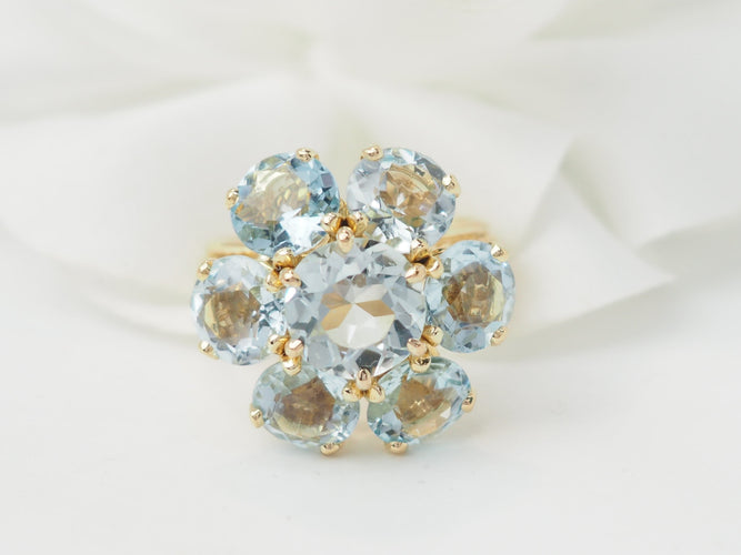 Bague 52 Bague fleur en or jaune et aigues-marines 58 Facettes 33558