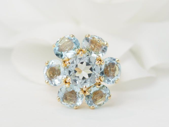 Bague 52 Bague fleur en or jaune et aigues-marines 58 Facettes 33558
