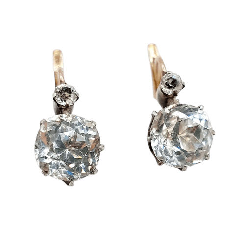 Boucles d'oreilles Dormeuses antiques en or rose 18k, argent et verres blancs 58 Facettes A07335