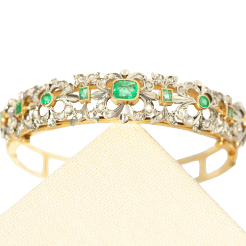 Bracelet Art déco - Bracelet en or jaune 750, émeraudes et diamants taille rose 58 Facettes