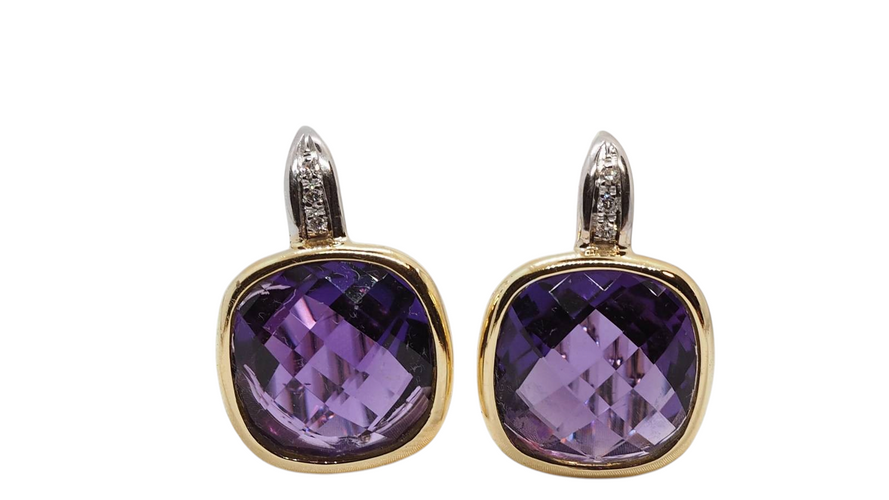Boucles d'oreilles Boucles d’oreilles pendantes en or jaune et gris 18 kt, améthystes et diamants 58 Facettes 30489