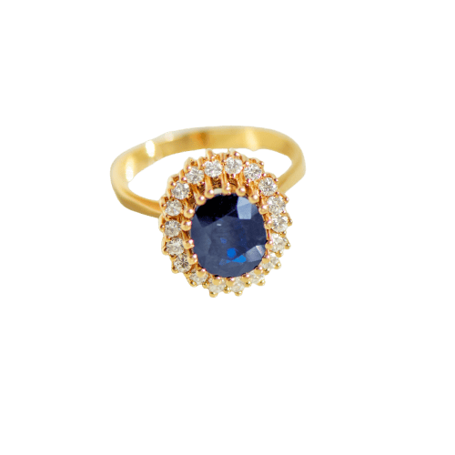 Anel entourage em ouro amarelo 585 com safira e diamantes 