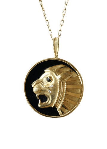 Pendentif Jean & Pierre Bellin - Pendentif Zodiaque Lion en or jaune, onyx et diamants 58 Facettes
