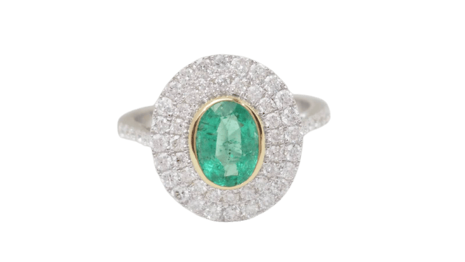 Bague 54 Bague double entourage en or bicolore, émeraude et diamants 58 Facettes 32849