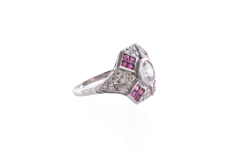 Bague 57 Art Déco - Bague en platine, diamants et rubis 58 Facettes 12392