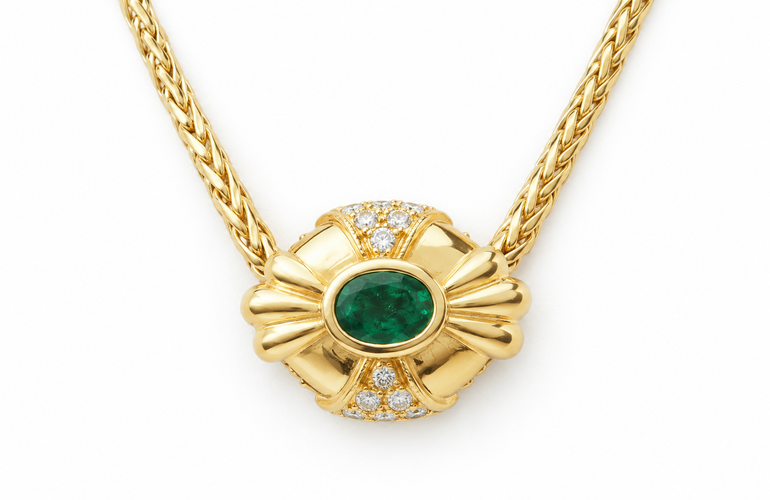Pendentif émeraude naturelle et diamants en or jaune 58 Facettes