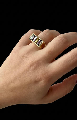 Bague 56 Premier - Bague pont en or jaune 18K et pierres multicolores 58 Facettes