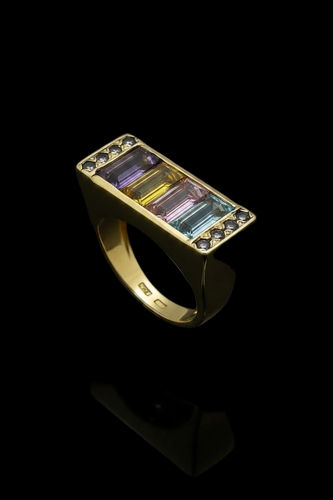 Bague 56 Premier - Bague pont en or jaune 18K et pierres multicolores 58 Facettes