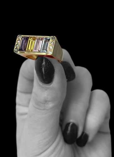 Bague 56 Premier - Bague pont en or jaune 18K et pierres multicolores 58 Facettes