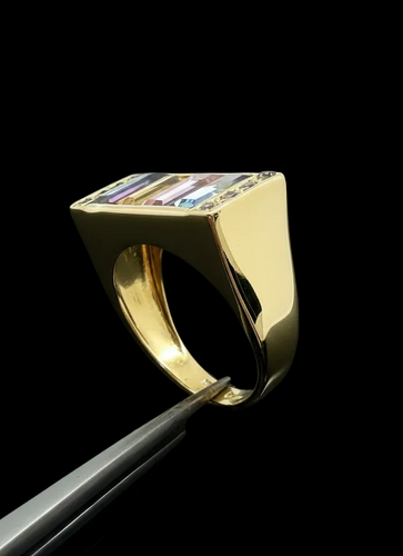 Bague 56 Premier - Bague pont en or jaune 18K et pierres multicolores 58 Facettes