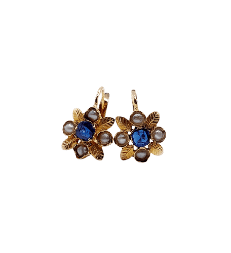Klappcreolen Jugendstilblume aus 18-karätigem Gold, blauem Glas und Perlen 