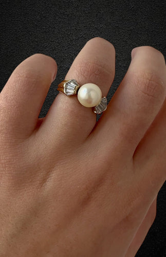 Bague 52.5 Bague - Perle et diamants en or jaune 18K 58 Facettes